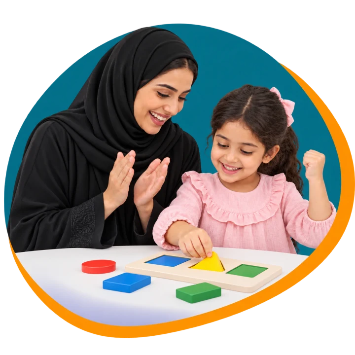 A parent encouraging a child's progress during a learning activity